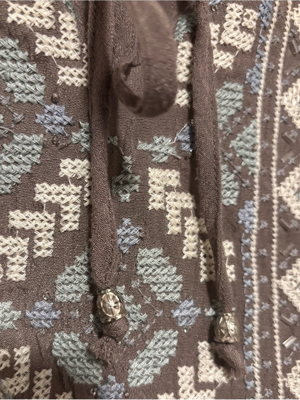 dressbarn Taupe Boho Embroidered Tie-Neck Tunic with beading - Picture 2 of 5